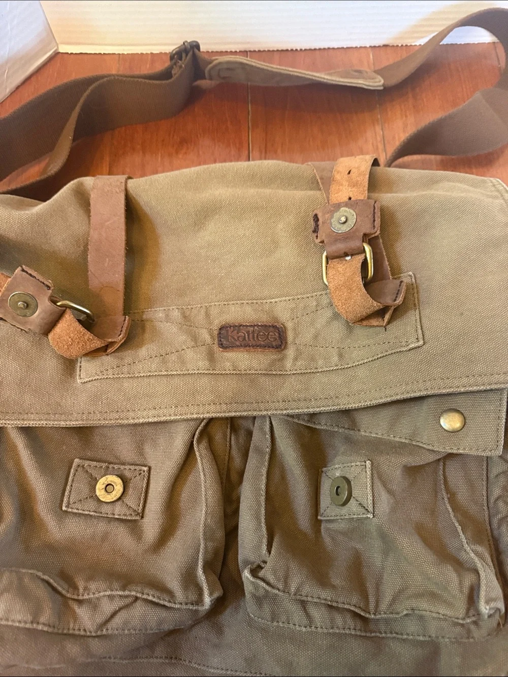 Kattee Leather trim Canvas Messenger bag camera bag laptop bag olive army green